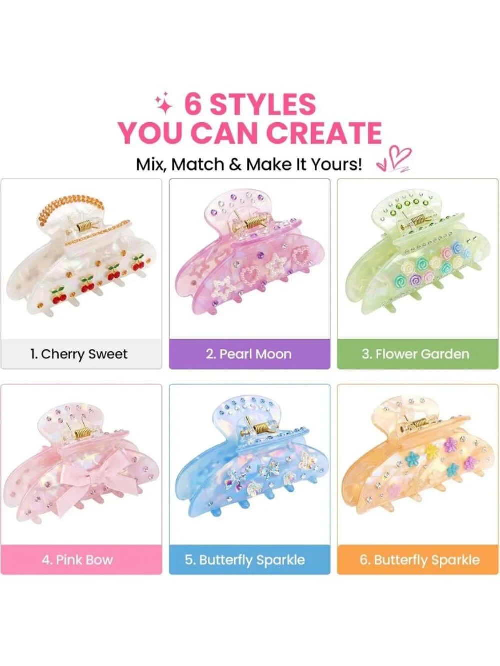 DIY Claw Clip Decorating Kit - 6 Acrylic Hair Clips with Rhinestones & Charms